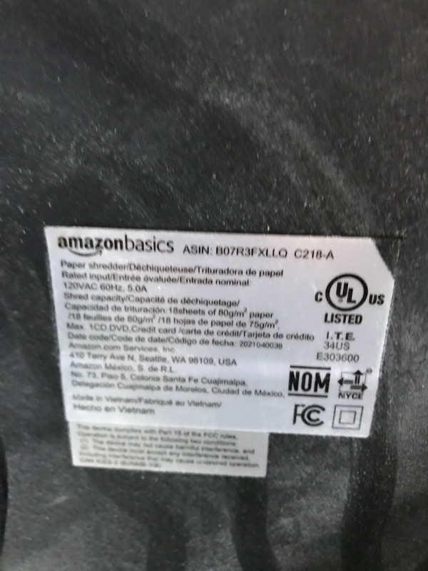 Photo 2 of Tested***Amazon Basics 18-Sheet Cross-Cut Paper, CD, and Credit Card Shredder, Black 18 Sheet Shredder