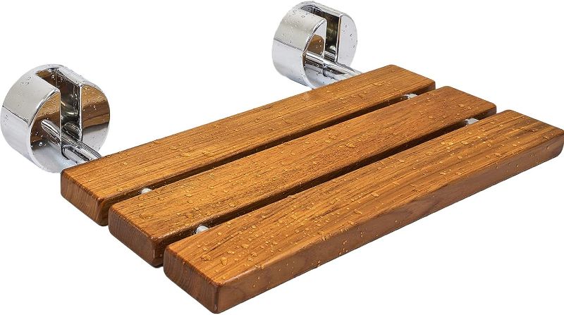 Photo 1 of 20" Teak Wood Modern Folding Shower Seat Bench, Clear Coated for Protection and Premium Smooth Finish, Medical Wall Mount Foldable Fold Up Chair Bathroom Stool Foldaway Shower Seating
