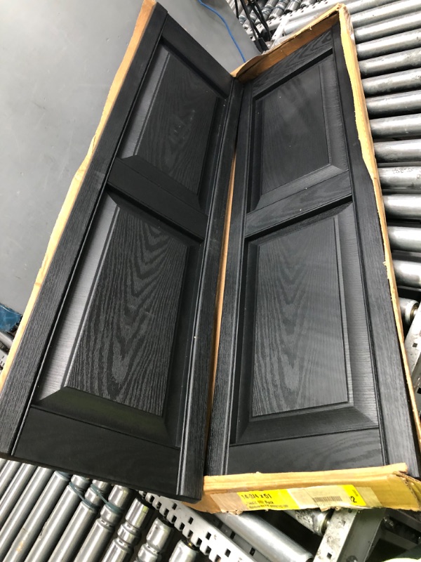 Photo 2 of 14.75 in. W X 51 in. H Builders Edge Standard Two Equal Panels Raised Panel Shutters Includes Matching Installation Spikes 002 - Black
