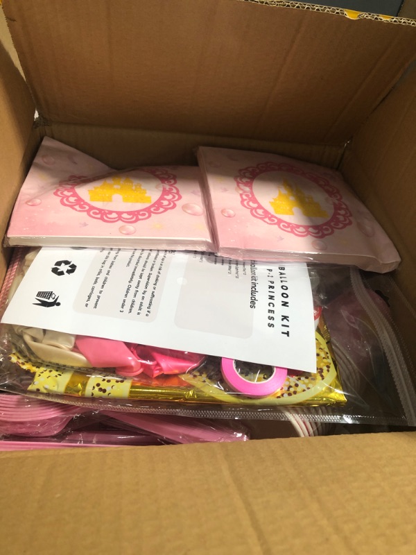 Photo 1 of All-Inclusive Princess Theme Party Pack, Banner, 334Pcs, Tablecloth, Tableware Set, Photo Props, Layered Cupcake Stand, Cupcake Toppers and Wrappers, Goodie Boxes, 60Balloons (3Colors), 2 Crown and 2 Heart Foil Balloons, etc.