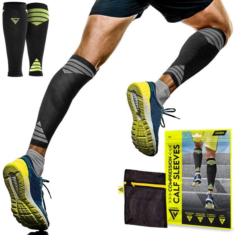 Photo 1 of  Grey Large/X-Large (1 Pair) Langov Calf Compression Sleeves (Pair) for Men & Women– Legs & Calves Support Brace for Shin Splints, Varicose Veins, Pain Relief - Great for Running, Nurses, Travel (20-30 Mmhg), Laundry Bag Included