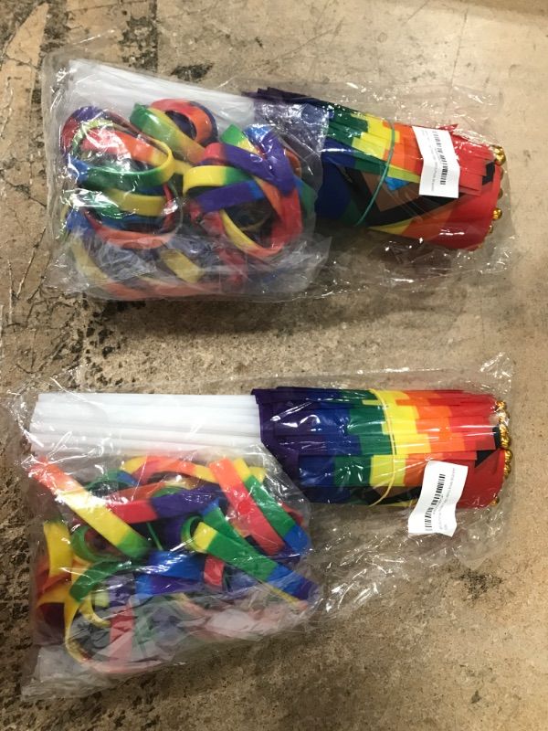 Photo 2 of 2 PACK(192 PIECES TOTAL) 96Pcs Progress Pride flag Small and Pride Bracelet, Pride Accessories Stuff LGBTQ Gay Mini Handheld Stick Rainbow Flags Silicone Wristbands for Pride Parades Festival Party Favors Supplies Decoration