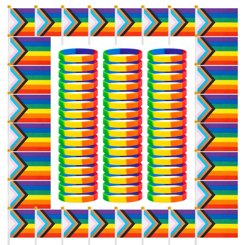 Photo 1 of 2 PACK(192 PIECES TOTAL) 96Pcs Progress Pride flag Small and Pride Bracelet, Pride Accessories Stuff LGBTQ Gay Mini Handheld Stick Rainbow Flags Silicone Wristbands for Pride Parades Festival Party Favors Supplies Decoration