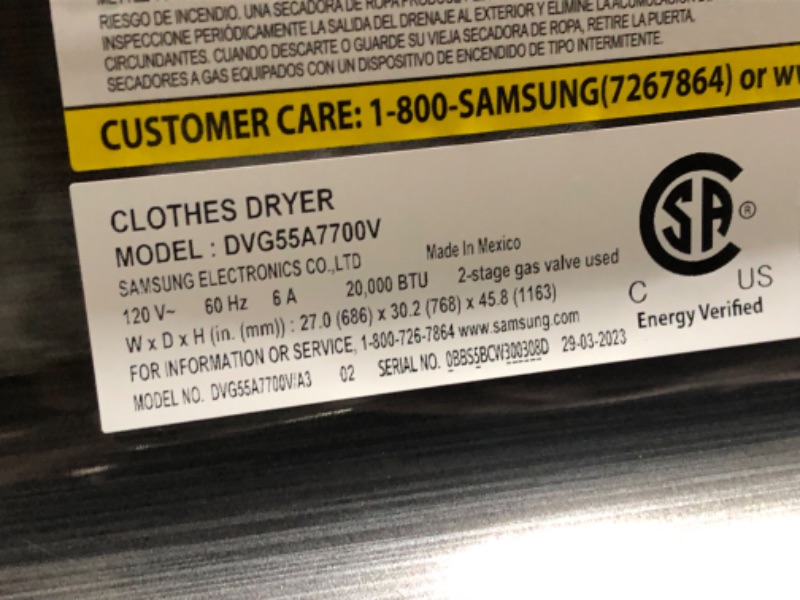 Photo 5 of Samsung 7.4-cu ft Reversible Side Swing Door Steam Cycle Smart Gas Dryer (Brushed Black) ENERGY STAR