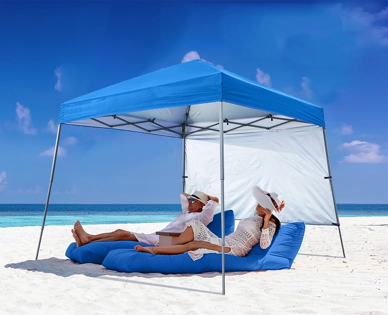 Photo 1 of ABCCANOPY Stable Pop Up Beach Tent with Backpack Bag, 10 x 10 ft Base / 8 x 8 ft Top, Blue
