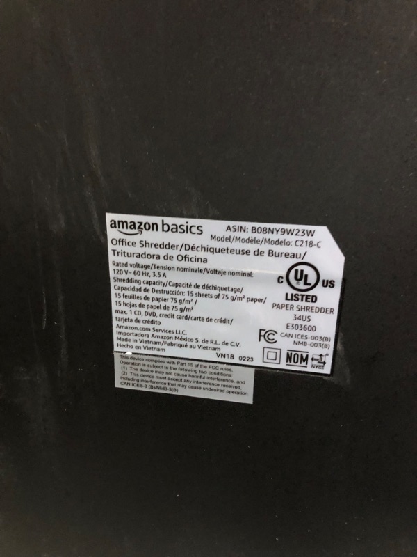 Photo 1 of Amazon Basics 15-Sheet Cross Cut Paper Shredder and Credit Card CD Shredder with 6 Gallon Bin 15 Sheet - new model Shredder