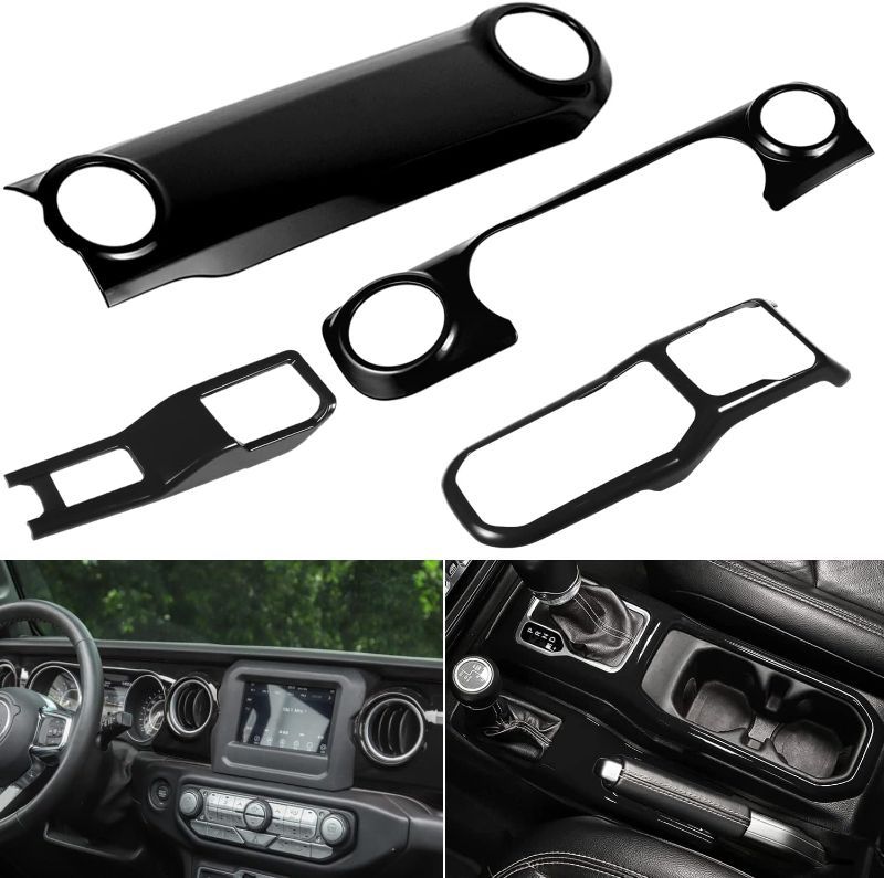 Photo 1 of *USED* ABS Center Console Gear Shift 4WD Panel & Dashboard & Cup Holder Trim 4PCS Cover Trim Interior Accessories for 2018-2021 Jeep Wrangler JL JLU & Gladiator JT (Black)
