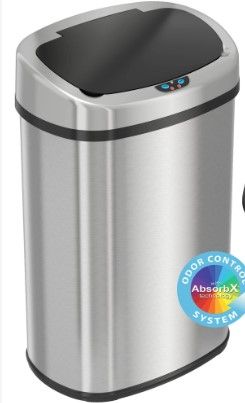 Photo 1 of ***LID NOT FUNCTIONAL***iTouchless 13 Gallon Oval Sensor Touchless Trash Can with Odor Control System & AC Power Adapter for Automatic Sensor Trash Cans, Official and Manufacturer Certified, UL Listed, Energy Saving Oval Stainless Steel