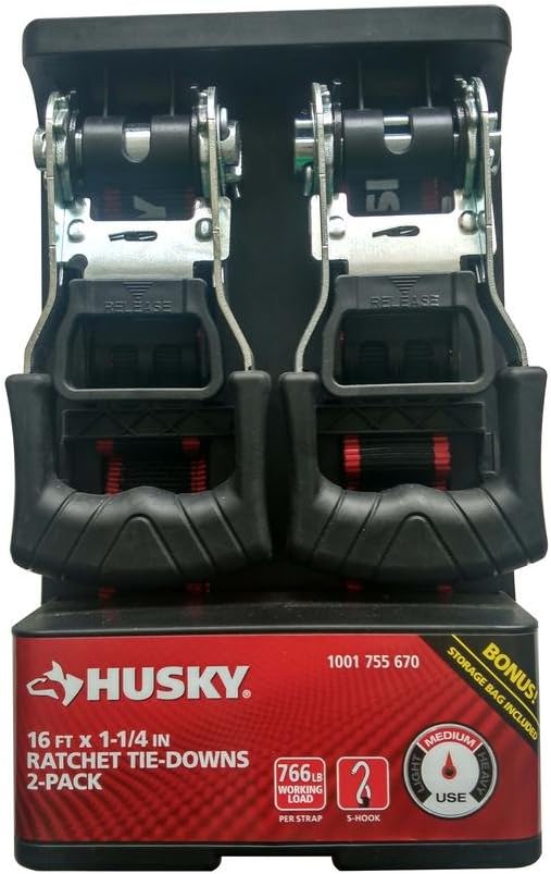 Photo 1 of Husky 16 ft. x 1-1/4 in. Ratchet Tie-Down with S Hooks (2-Pack)
