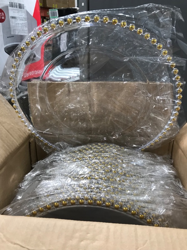 Photo 2 of 24 Pcs 12.6 Inch Gold Beaded Charger Plates Clear Acrylic Round Charger Plates Bulk Gold Beaded Rim Dinner Charger Plates Plastic Plate Chargers Table Decoration for Wedding Birthday Event Party