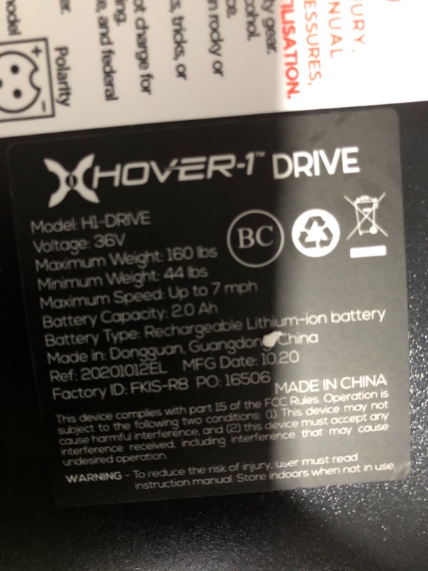 Photo 4 of * no power cord * unable to test * 
Hover-1 Drive Electric Hoverboard | 7MPH Top Speed, 3 Mile Range, Long Lasting Lithium-Ion Battery, 