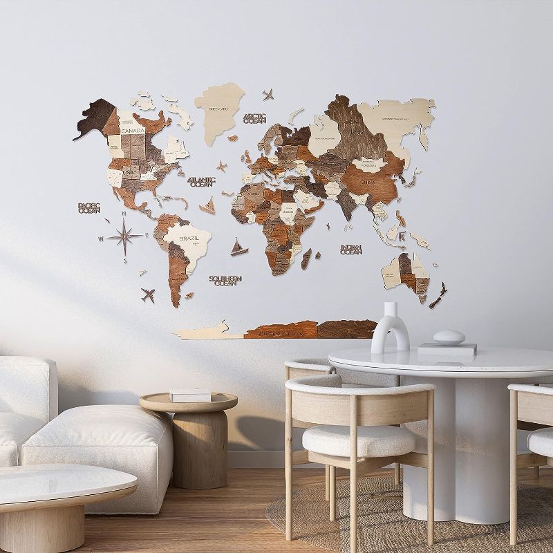 Photo 1 of "AWESOMETIK" 3D Wood World Map Wall Art Decor - With Our Masterpiece Track Your World Travels - Special For Home, Kitchen And Office. Gift Boxed (M Prime, Multicolor)
