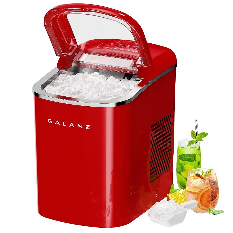 Photo 1 of Galanz Portable Countertop Electric Ice Maker Machine, 26 lbs in 24 Hours, 9 Bullet Shaped Cubes Ready in 9 Minutes, 2 Ice Sizes, Perfect for Parties & Home Bar, 2.1 L, Retro Red
