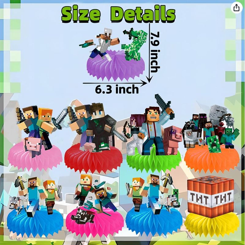 Photo 2 of **BUNDLE 2 PACKS
9PCS Pixel Miner Honeycomb Centerpieces Party Decorations, Birthday Party Supplies, Table Decorations Centerpieces Party Gifts, Double Sided Table Decor Video Game Party Favors for Kids Boys Girls