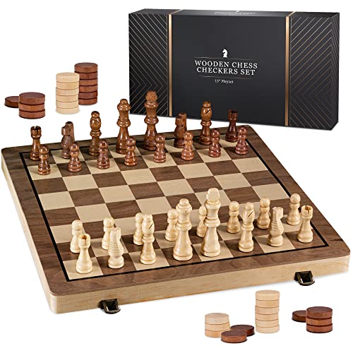 Photo 3 of 15" Wooden Chess Sets - Chess & Checkers Board Game | with 2 Extra Queens | Wooden Chess Set | Chess Board Set | Chess Sets for Adults | Chess Sets fo
