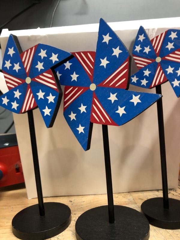 Photo 1 of 6 Pcs 4th of July Decoration Patriotic Tiered Tray Decor Memorial Day Decoration Wooden Star Block Rustic Farmhouse Centerpiece for Independence Day Home Table Decorations(Classic Style)