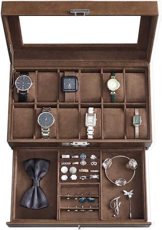 Photo 1 of 12-Slot Watch Box, Lockable Watch Case with Glass Lid, 2 Layers, with 1 Drawer for Rings, Bracelets, Gift Idea, Brown Synthetic Leather, Brown Lining UJWB012K01