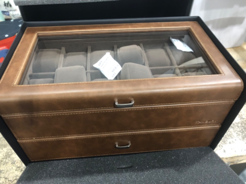 Photo 2 of 12-Slot Watch Box, Lockable Watch Case with Glass Lid, 2 Layers, with 1 Drawer for Rings, Bracelets, Gift Idea, Brown Synthetic Leather, Brown Lining UJWB012K01