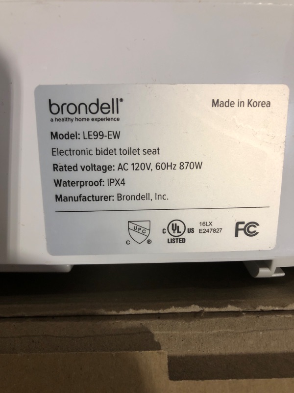 Photo 2 of **USED**
Brondell Swash Electronic Bidet Toilet Seat LE99, Fits Elongated Toilets, White