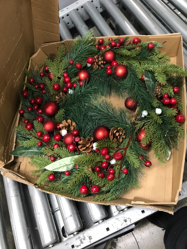 Photo 2 of 24 Inch Christmas Wreath for Front Door, Outdoor Large Christmas Wreath with Lights, PreLit Battery Powered Wreath for Christmas Decor