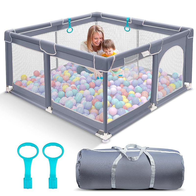 Photo 1 of Baby Playpen for Toddler, Large Baby Playard, Indoor & Outdoor Kids Activity Center, Sturdy Safety Play Yard with Soft Breathable Mesh, Grey,