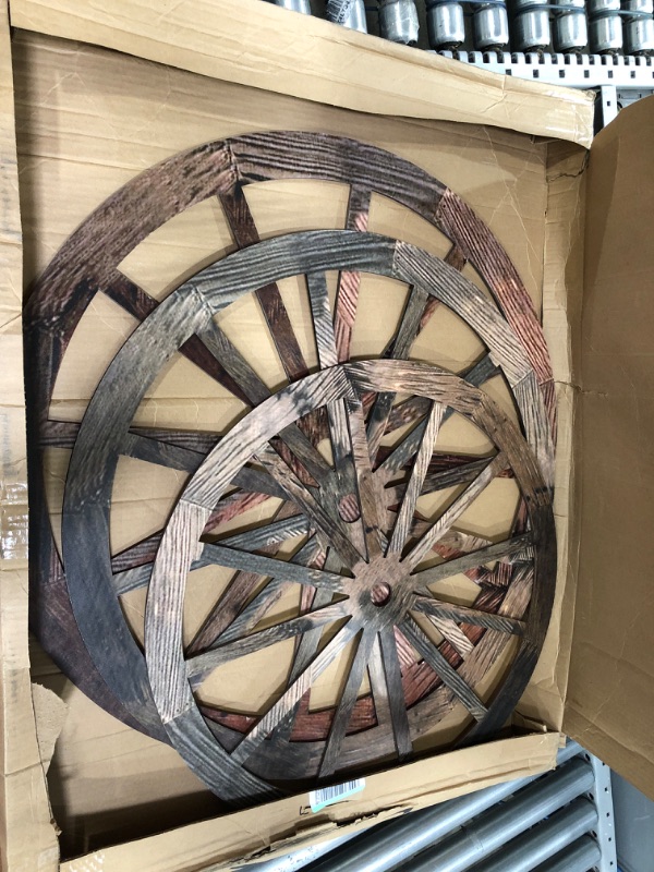 Photo 2 of 3 Pcs Wooden Wagon Wheel Decor 24/27/30 Inch Old Western Wall Decor Farmhouse Vintage Wagon Wheels Rustic Wall Wood Cartwheel Decor for Bar Patio Garage Garden Home Cowboy Party