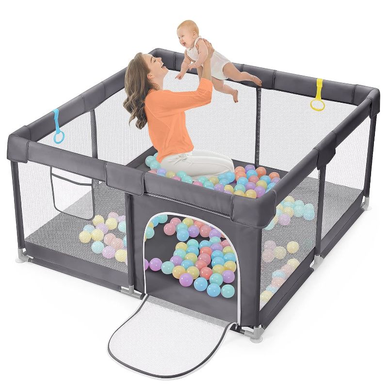 Photo 1 of Balls Not Included***Dripex Baby Playpen, 50"x50" Play Pens for Babies and Toddlers, Safe Anti-fall Play Yard, Visible Baby Play Pen with Gate, Baby Fence Play Area with Pull-up Ring, Washable Baby Play Yards, Anchor Grey