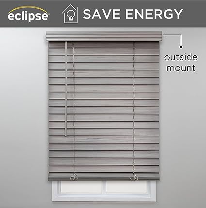 Photo 1 of 2in. Faux Wood Blinds, 34"W x 64"L in Gray - Cordless Window Blinds, Certified Safe for Children & Pets, Light Filtering, Wand Tilt and Smooth Easy Operation, Window Shades for Home