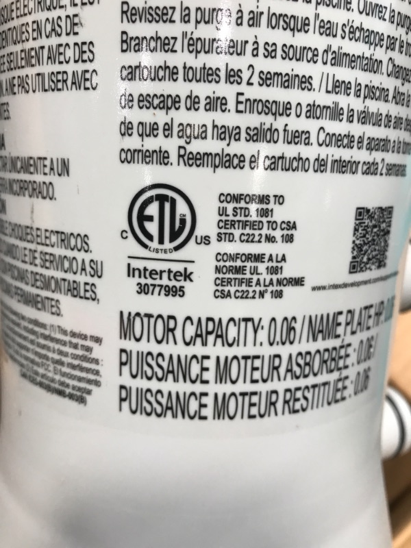 Photo 7 of **USED**
INTEX 28637EG C1000 Krystal Clear Cartridge Filter Pump for Above Ground Pools, 1000 GPH Pump Flow Rate 1,000 Gallons Per Hour 1,000 Gallons Per Hour Filter Pump