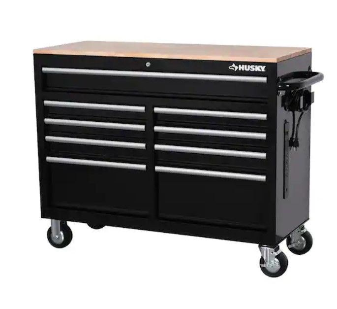 Photo 1 of Husky 46 in. W x 18 in. D 9-Drawer Black Mobile Workbench Cabinet