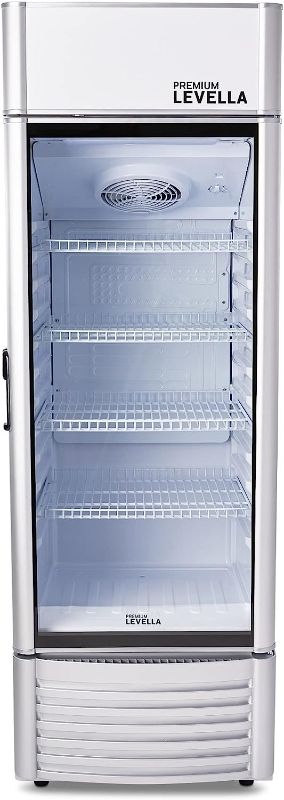 Photo 1 of parts only !   nonfunctional - PremiumLevella PRF90DX Glass Door Display Refrigerator 9.0 cu ft Commercial Beverage Cooler Merchandiser With Customizable Lightbox - Silver
