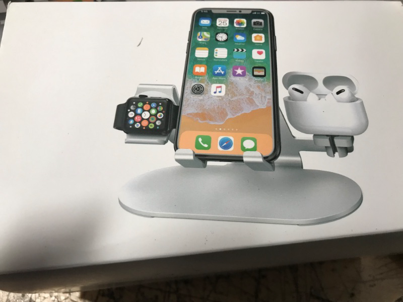 Photo 2 of 3 in 1 Aluminum Charging Station for Apple Watch Charger Stand Dock for iWatch Series 4/3/2/1,iPad,AirPods and iPhone Xs/X Max/XR/X/8/8Plus/7/7 Plus /6S /6S Plus/ Silver