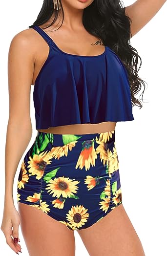 Photo 1 of ADOME Women Bikini Set Tummy Control Swimsuit Two Piece High Waist Floral Swimwear Plus Size YELLOW BLUE XXL 