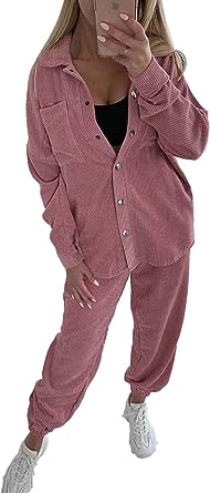Photo 1 of PRETTYGARDEN Women's 2 Piece Outfits Casual Corduroy Long Sleeve Button Down Jacket and Pants Tracksuit with Pockets