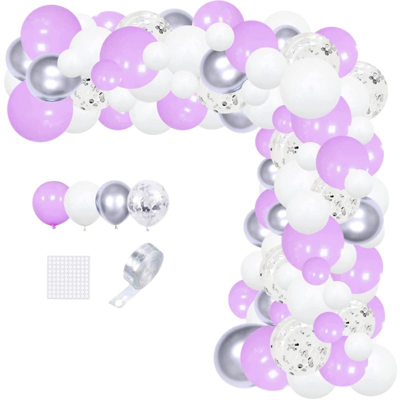 Photo 1 of 2 PACK(142 PIECES TOTAL) Lavender Purple Balloon Garland Arch Kit - 121 PCS Lavender Purple, Metallic Silver, White Confetii Balloons Pastel Balloons for Lavender Birthday Baby Shower Wedding Anniversary Party Decorations Purple White