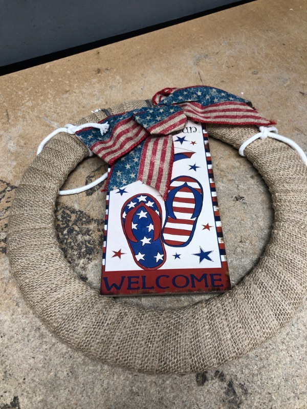 Photo 2 of 12.6 Inch Patriotic Farmhouse Wreath for Front Door,Vintage Memorial Day Burlap Bow Wreath with Bow for Home Decor, Independence Day Forth of July Wreath for Indoor and Outdoor