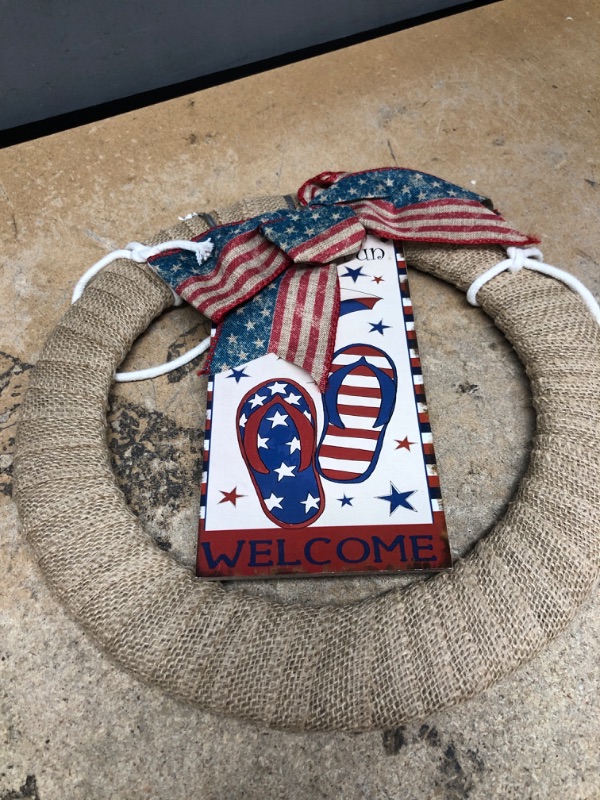 Photo 1 of 12.6 Inch Patriotic Farmhouse Wreath for Front Door,Vintage Memorial Day Burlap Bow Wreath with Bow for Home Decor, Independence Day Forth of July Wreath for Indoor and Outdoor