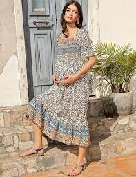 Photo 1 of FUNJULY Maternity Dress Womens Off Shoulder Smocked Maxi Dress Casual Boho Floral Print Beach Dress for Babyshower Photoshoot
