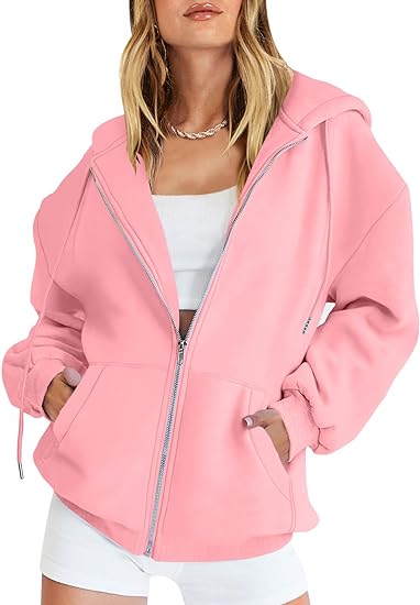 Photo 1 of Caracilia Women's Zip Up Hoodies Teen Girls Oversized Sweatshirt Y2K Clothing Cute Fall Casual Drawstring Jacket with Pockets
