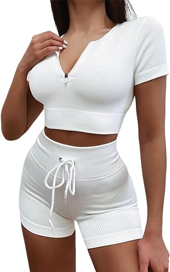 Photo 1 of Herseas 2 Piece Workout Sets for Women Ribbed Zipper Crop Top High Waist Drawstring Yoga Shorts Seamless Athletic Wear MEDIUM
