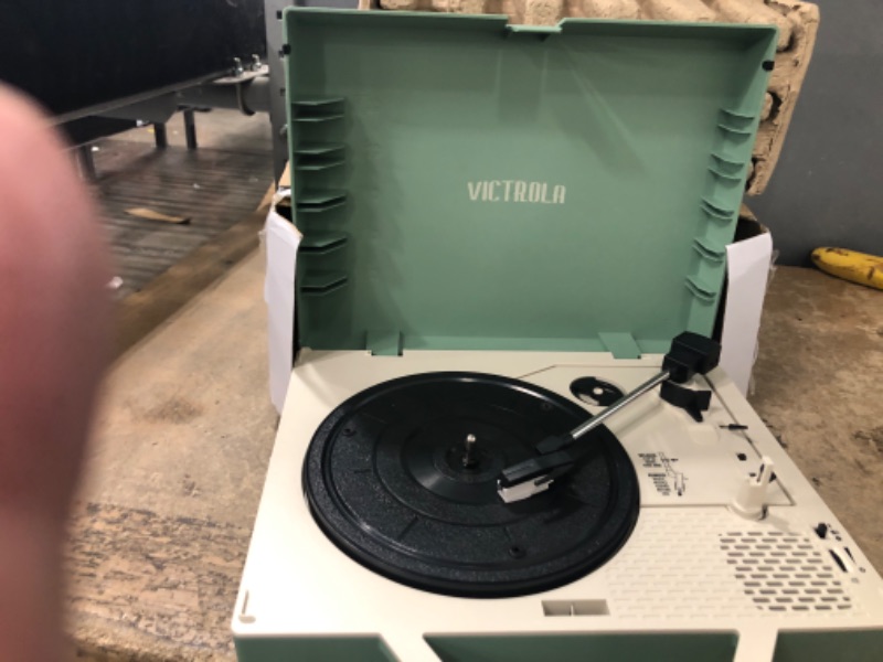 Photo 2 of Victrola Re-Spin Sustainable Suitcase Vinyl Record Player, 3-Speed (33 1/3, 45 & 78 RPM), Belt-Driven Bluetooth Turn Table with Built-in Bass Radiator, 3.5mm Headphone Jack, Basil Green Re-Spin Basil Green Record Player