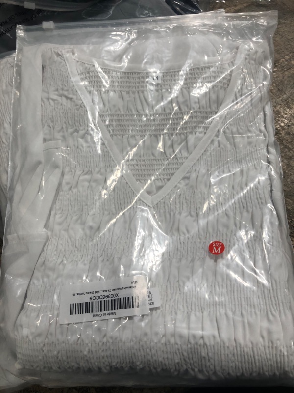 Photo 1 of Listenwind Women Casual Short Sleeve Summer V Neck High Low Smocked Midi Dress (White, M)