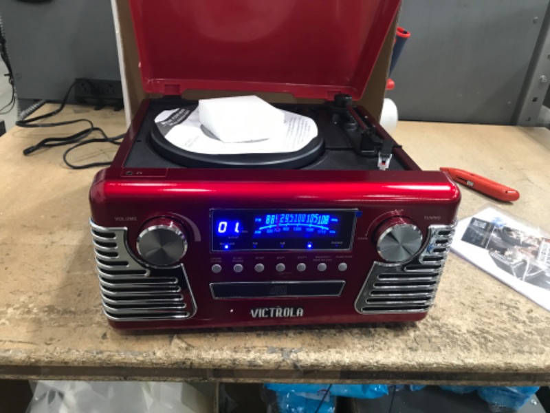 Photo 4 of Victrola 50's Retro Bluetooth Record Player & Multimedia Center with Built-in Speakers - 3-Speed Turntable, CD Player, AM/FM Radio | Vinyl to MP3 Recording | Wireless Music Streaming | Red Red Record Player