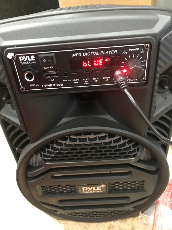Photo 2 of ***POWERS ON*** Portable Bluetooth PA Speaker System - 300W Rechargeable Outdoor Bluetooth Speaker Portable PA System w/ 8” Subwoofer 1” Tweeter, Microphone In, Party Lights, MP3/USB, Radio, Remote - Pyle PPHP835B