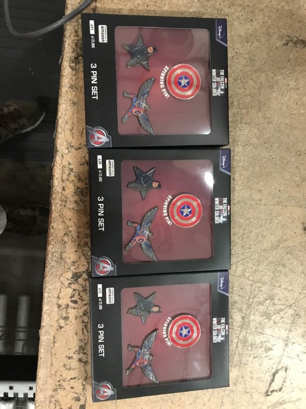 Photo 1 of 3 PACK OF Marvel Studios: The Falcon and The Winter Soldier Metal based and Enamel 3 Lapel Pin Set with 16cm Officially Licensed Circular Window Box. (Amazon Exclusive)