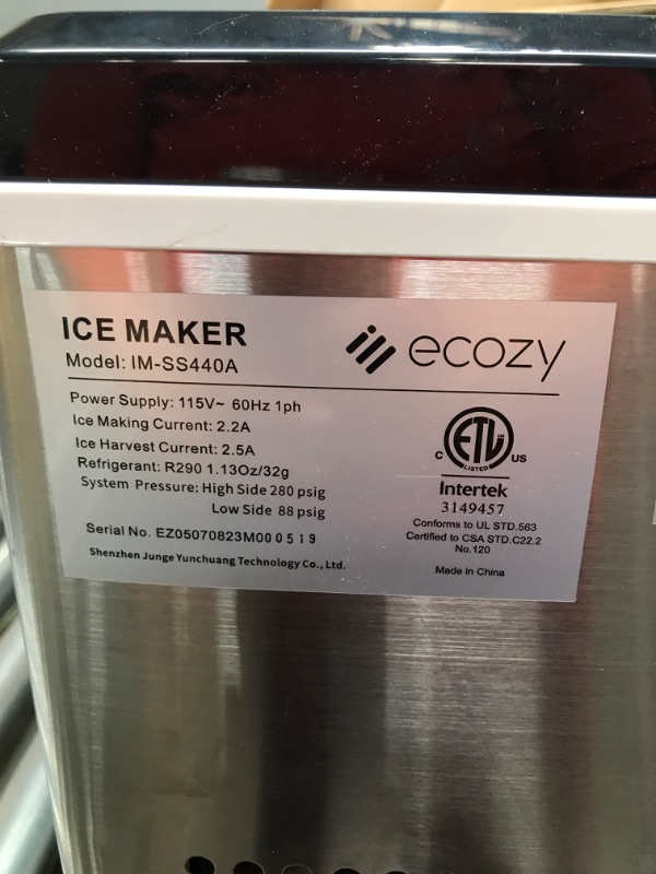 Photo 2 of ***POWERS ON*** ecozy Countertop Ice Makers, 45lbs Per Day, 24 Cubes Ready in 13 Mins, Stainless Steel Housing, Auto Self-Cleaning Ice Maker with Ice Bags and Ice Scoop for Kitchen Office Bar Party