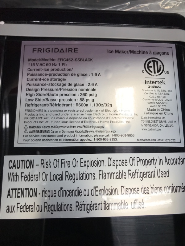 Photo 2 of ***POWERS ON*** Frigidaire EFIC452-SSBLACK XL Maker, Makes 40 Lbs. of Clear Square Ice Cubes A Day, Black Stainless & Perfect Stix Icebag10TT-100 Ice Bag with Twist Tie Enclosure, 10 lbs (Pack of 100) Maker + Ice Bag