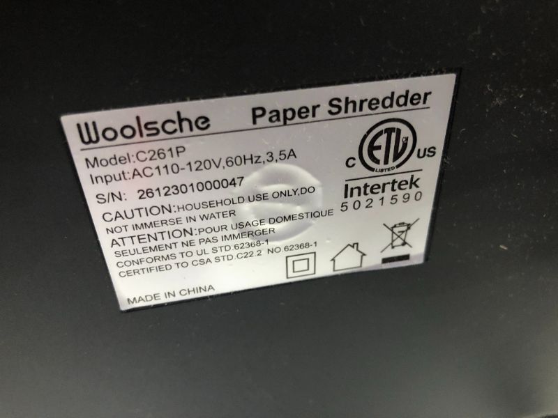 Photo 3 of ***NONFUNCTIONAL - FOR PARTS - SEE NOTES***
Woolsche Paper Shredder, 18-Sheet Cross Cut with 5.28-Gallon Pull Out Bin