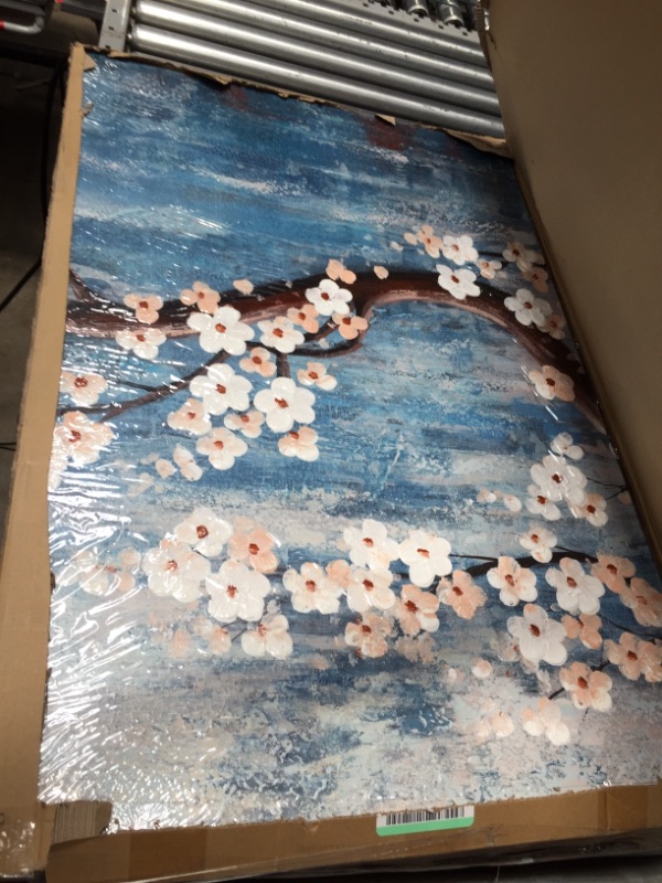 Photo 2 of ***minor fine line tear top of picture ***Extra Large Wall Art for Living Room 100% Hand-Painted Framed Decorative Floral Oil Painting Set Decorative Modern Blue Tree Artwork Ready to Hang 72"x36" Plum Blossom Oil Painting Overall 72x36inch