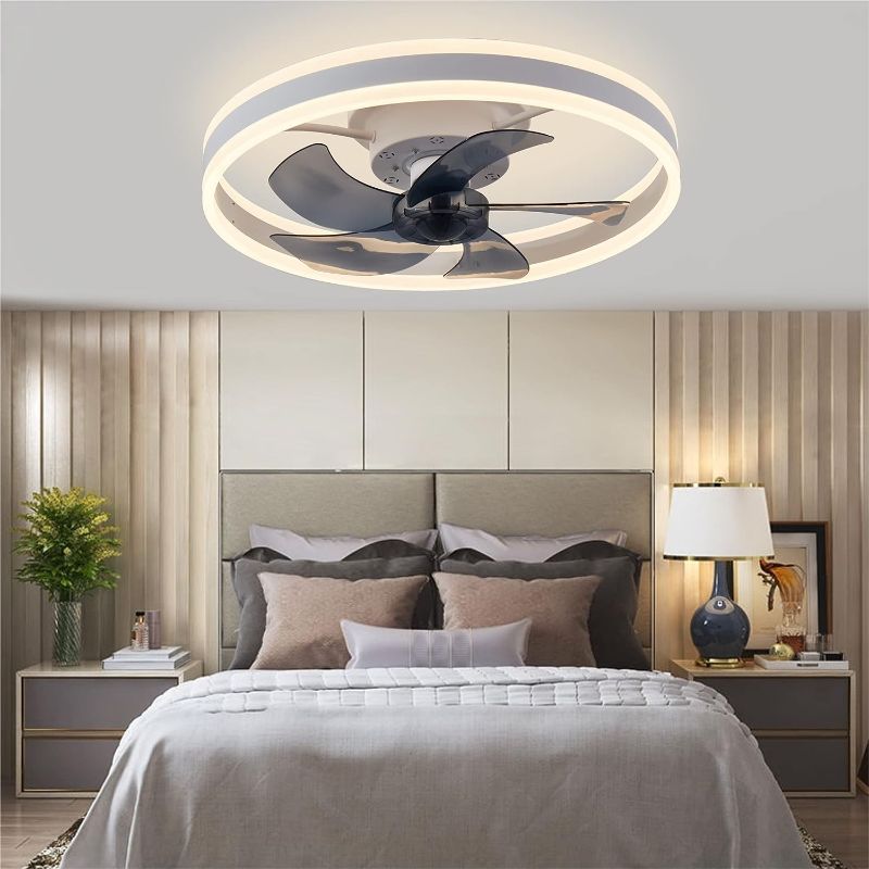 Photo 1 of CHANFOK Ceiling Fan with Light - Flush Mount Modern Indoor 19.7" LED Dimmable Low Profile Ceiling Fans with Remote Control,Smart 3 Light Color Change and 6 speeds (White)
